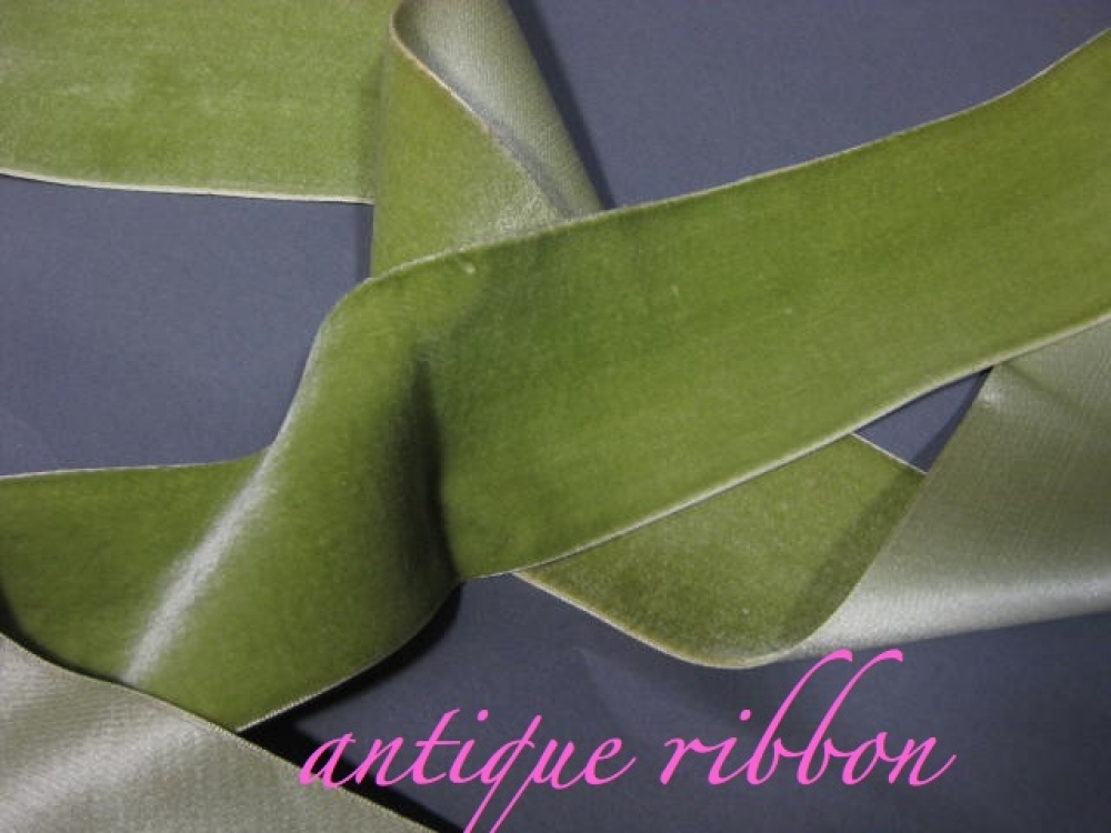Vintage French velvet wide ribbon silk w cotton Nile Green 2 3/8 inch