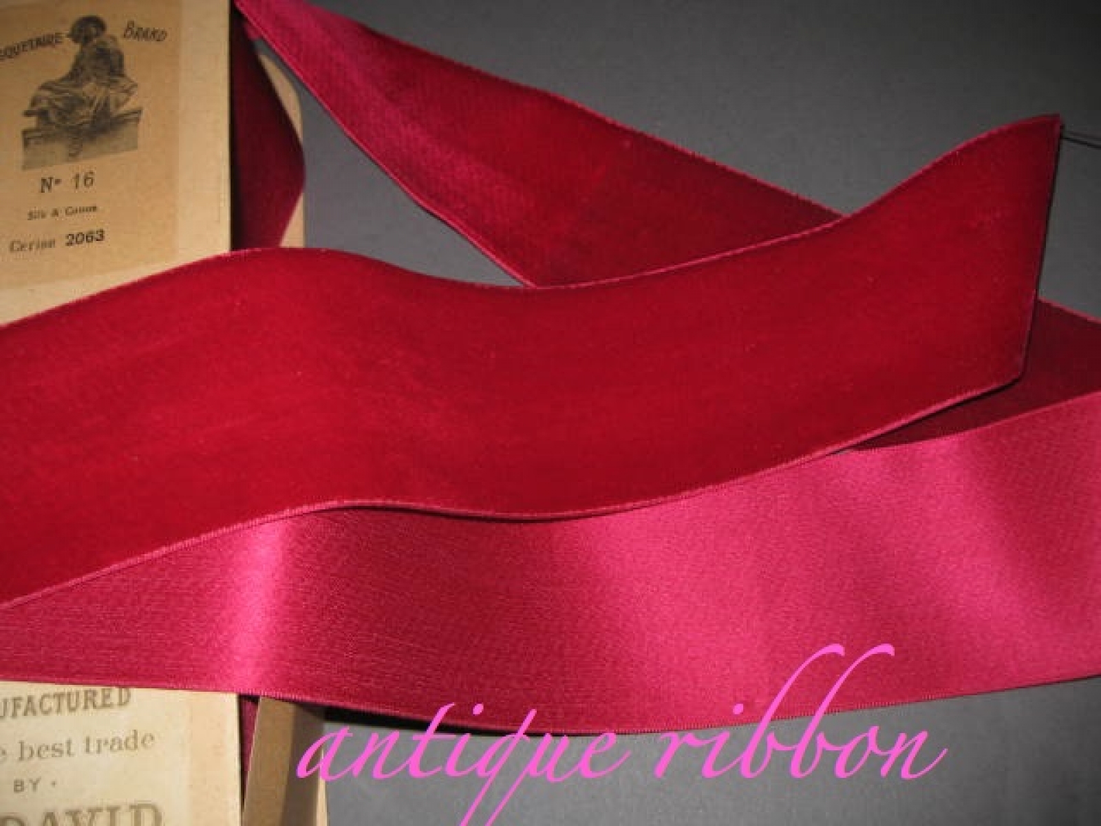 Antique silk and cotton velvet ribbon in Cerise 2 1/8 wide - Ruby