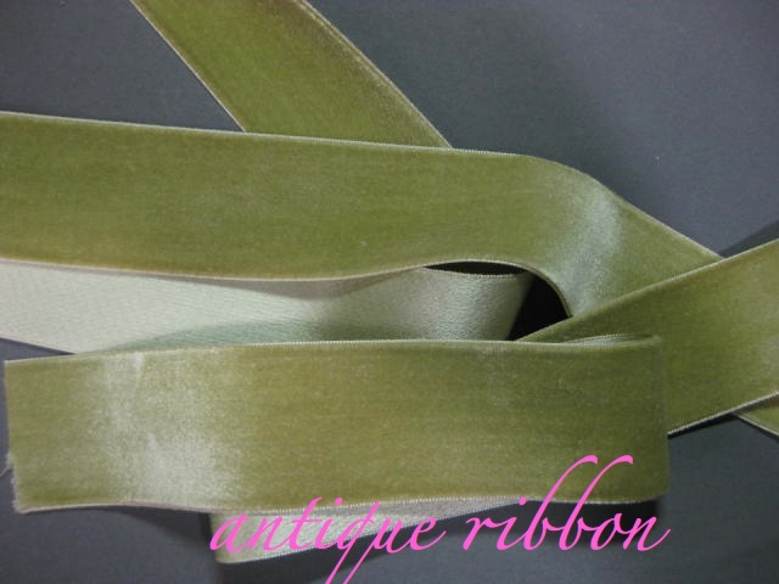 Vintage ribbon French velvet cotton w silk 1 3/8 inch nile green