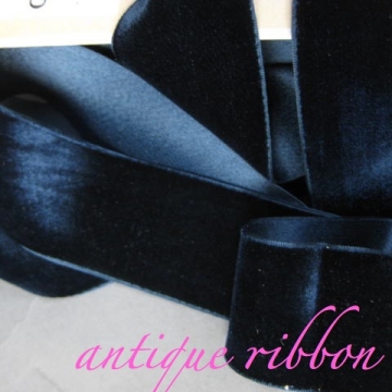 Vintage French ribbon 1920s velvet cotton w silk 1 7/8 inch marine blue 