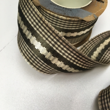 Vintage 30s  brown plaid rayon ribbon with embroidery 1.5 inch width
